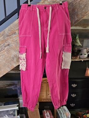 Women’s Pink Cargo Jogger Pants with Crochet Details